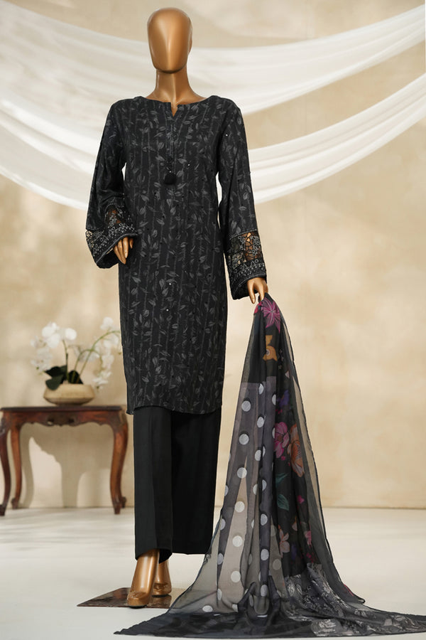 Cambric | Cotton - Stitched printed embroidered silk 3piece with Boring, Cutwork & Mirror work - Night Mare