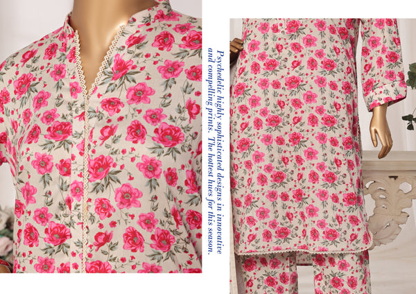 Lawn - Stitched printed 3piece with Lace work - Pink