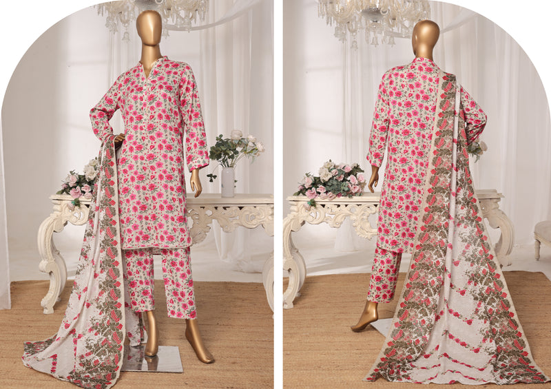 Lawn - Stitched printed 3piece with Lace work - Pink