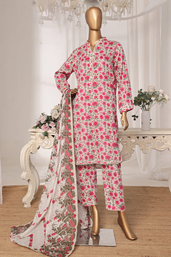 Lawn - Stitched printed 3piece with Lace work - Pink