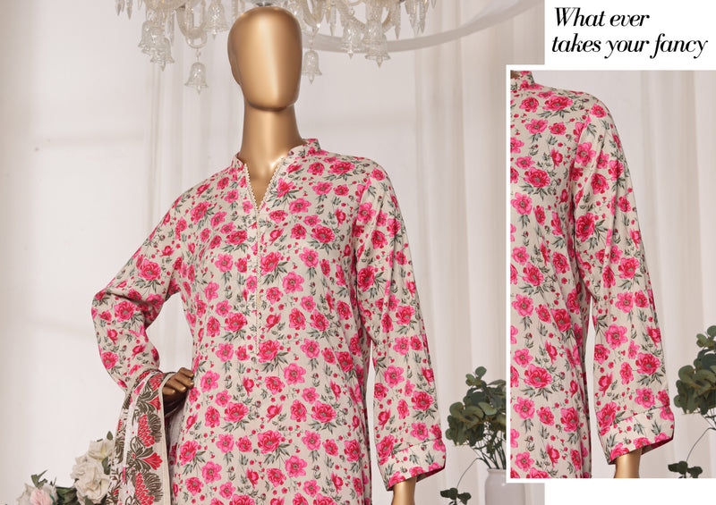 Lawn - Stitched printed 3piece with Lace work - Pink