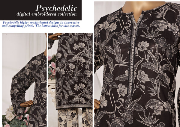 Lawn - Stitched printed 3piece with Lace work - Black