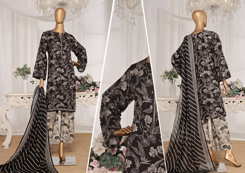 Lawn - Stitched printed 3piece with Lace work - Black