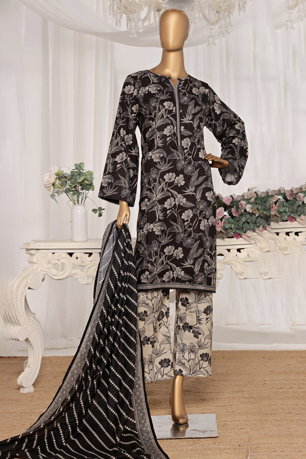 Lawn - Stitched printed 3piece with Lace work - Black