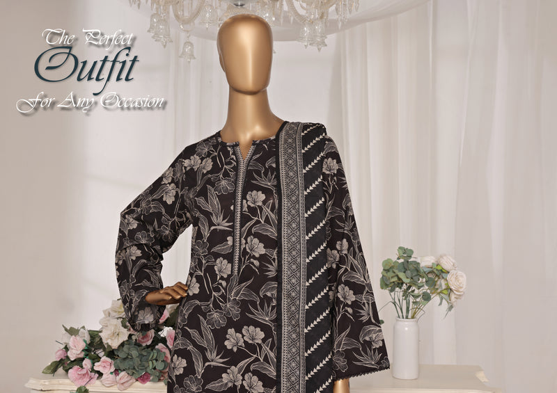 Lawn - Stitched printed 3piece with Lace work - Black