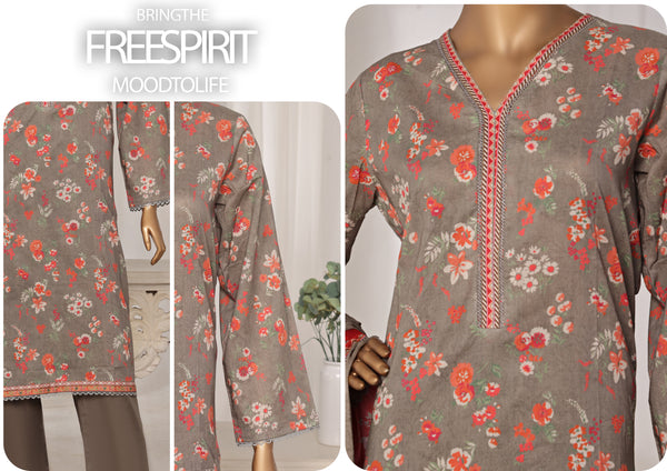 Lawn - Stitched printed 3piece with Lace work - Grey
