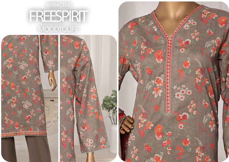 Lawn - Stitched printed 3piece with Lace work - Grey