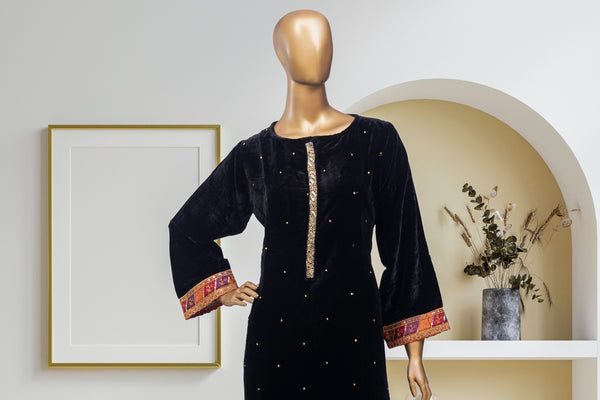 Velvet - Stitched Embroidered Kurti with Hand work and Lace work - Black