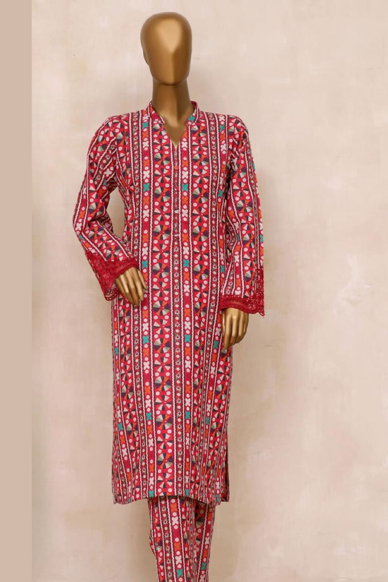 Karandi Co-ords - Stitched Printed Kurti & Trouser with Embroidered Cutwork on Sleeves - Red