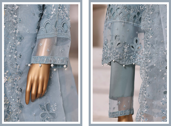 Organza - Stitched Embroidered 3piece with Hand work - Light Blue