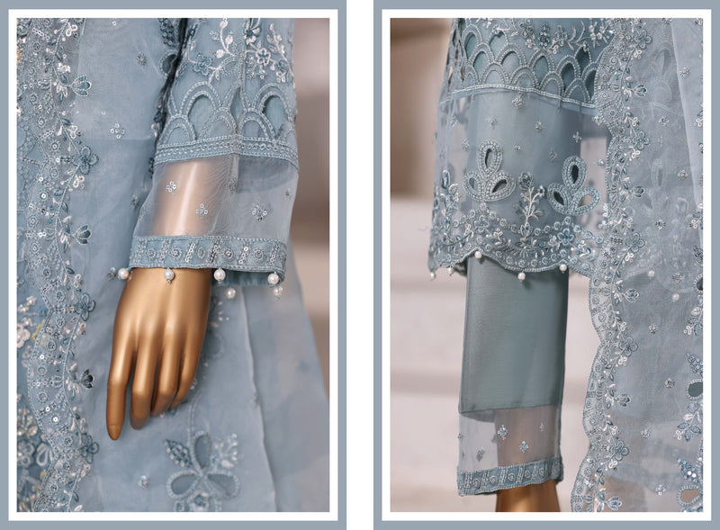 Organza - Stitched Embroidered 3piece with Hand work - Light Blue