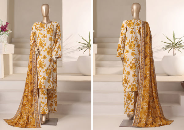 Cambric - Stitched printed 3piece with Lace work - Beige Yellow