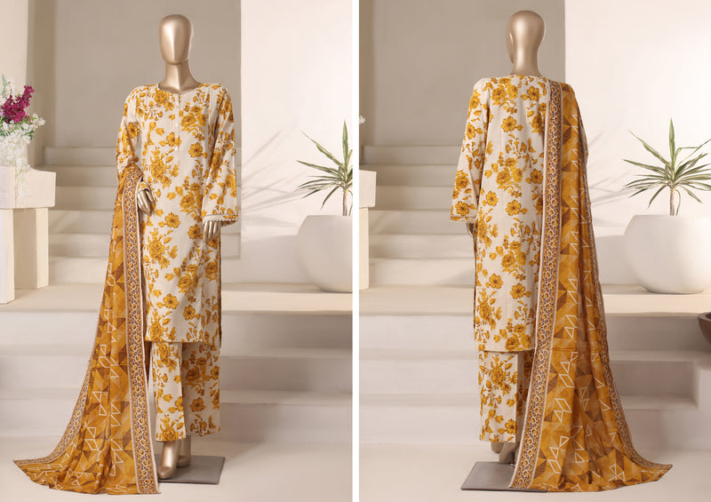 Cambric - Stitched printed 3piece with Lace work - Beige Yellow