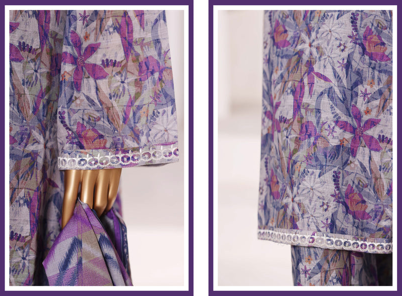 Khaddar - Stitched Embroidered 3piece collection with Lace work - Purple