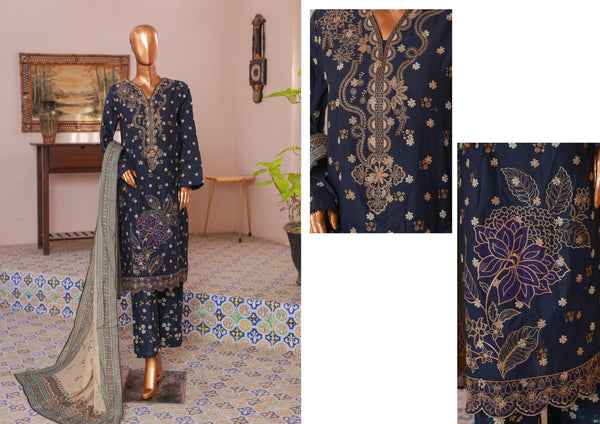 Lawn Self stripe- Stitched Embroidered 3piece with Lace work - Navy Blue