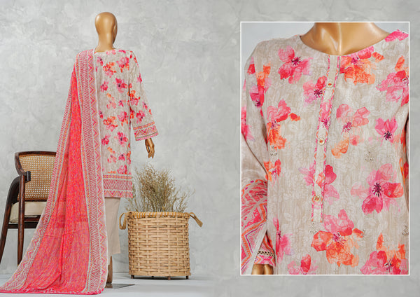 Lawn PrintKari - Stitched Embroidered 3piece with Embroidered Dupatta - Beige Floral