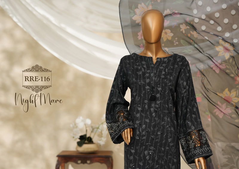 Cambric | Cotton - Stitched printed embroidered silk 3piece with Boring, Cutwork & Mirror work - Night Mare