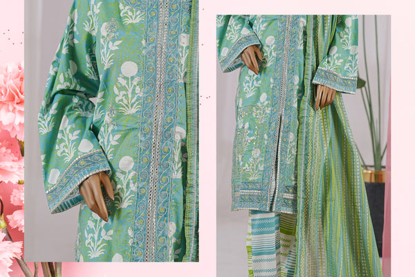 Lawn - Stitched Embroidered 3piece with Zari work & Lace work - Green
