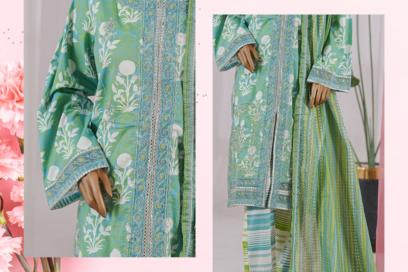 Lawn - Stitched Embroidered 3piece with Zari work & Lace work - Green