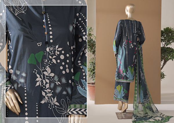 Cambric | Cotton - Stitched printed 3piece with Bamber chiffon Dupatta - Navy Blue