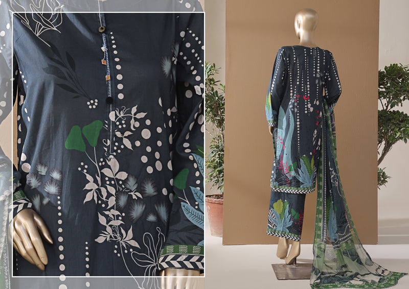 Cambric | Cotton - Stitched printed 3piece with Bamber chiffon Dupatta - Navy Blue