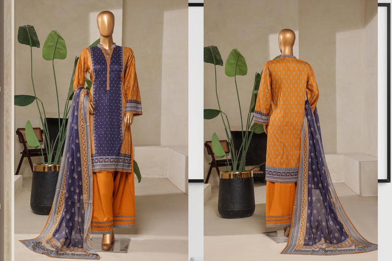 Lawn - Stitched printed 3piece with Farshi shalwar - Mustard & Purple