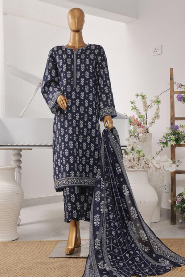 Lawn - Stitched Printed 3piece with Lace work - Blue