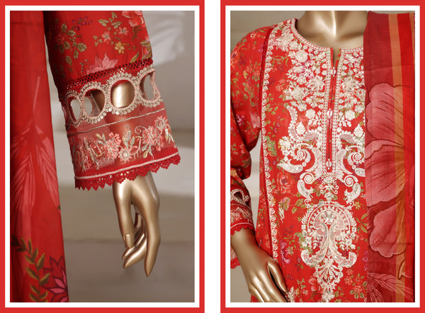 Lawn - Stitched Digital Printed Embroidered 3piece with Lace work - Red