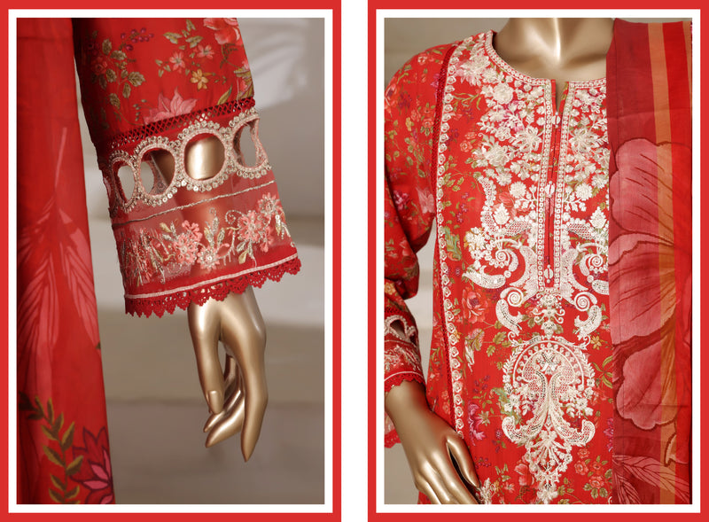 Lawn - Stitched Digital Printed Embroidered 3piece with Lace work - Red