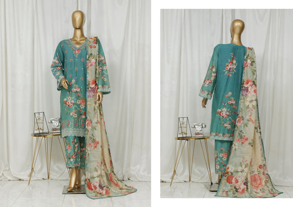 Lawn - Stitched Embroidered 3piece with Lace work - Sea Green