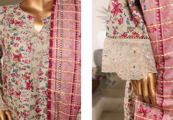 Lawn - Stitched Embroidered Chikankari 3piece with Lace work - Pink