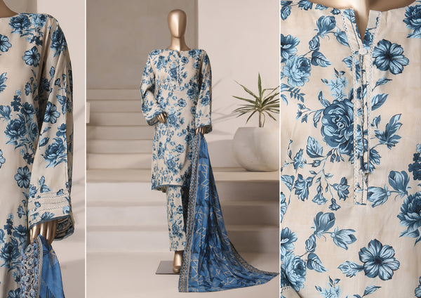 Cambric - Stitched printed 3piece with Lace work - Cream Blue