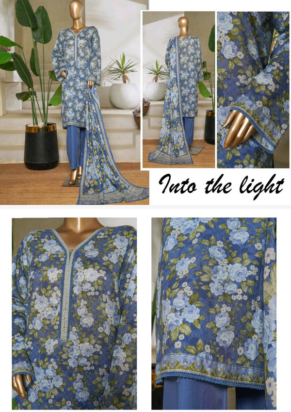 Lawn - Stitched printed 3piece with Lace work - Blue