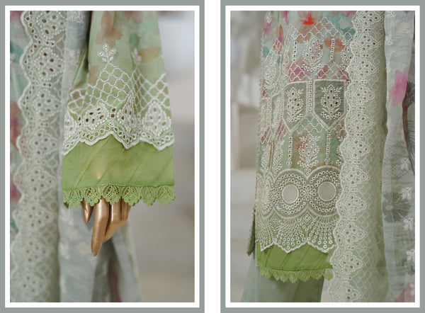 Lawn - Stitched Embroidered 3piece with Cutwork & Printed chiffon Dupatta - Dull Green