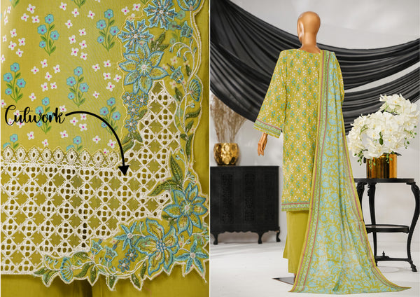 Cotton | Cambric - Stitched Embroidered 3piece with Lace work - Parrot Green