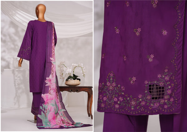 Cambric | Cotton - Stitched Embroidered Printed 3piece with Nannokara Dupatta - Purple