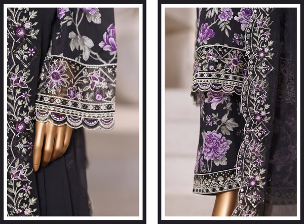 Luxury viscose - Stitched Embroidered 3piece with Chiffon embroidered Dupatta - Black