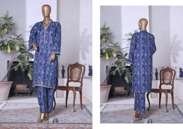Khaddar Co-Ords - Stitched printed Kurti & trouser with Lace work - Blue