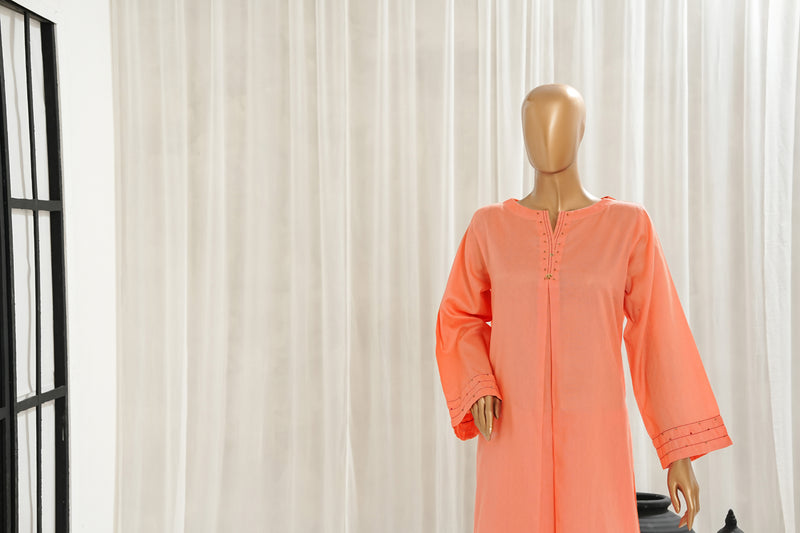 Lawn Jacquard - Stitched Jacquard Shirt with Highlights of Hand Touching Embellishment - Orange