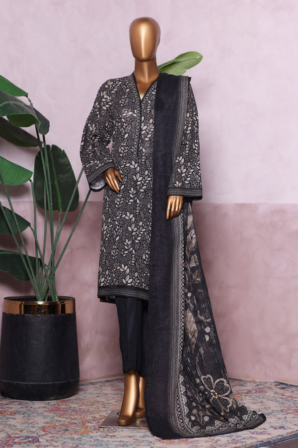 Khaddar - Stitched printed 3piece with Lace work - Black