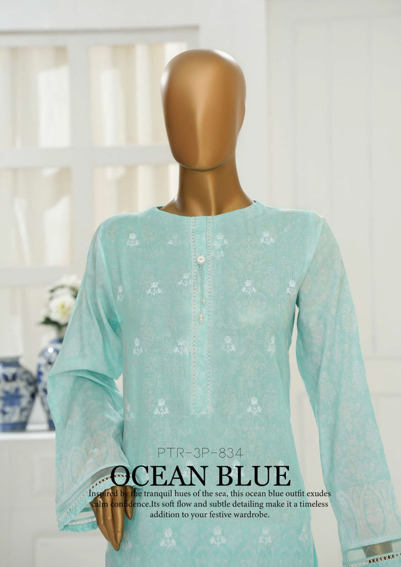 Cambric Chikankari - Stitched Embroidered 3piece with Lace work - Ocean Blue