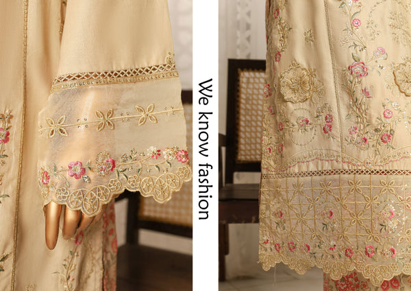 Lawn - Stitched Embroidered 3piece with printed Back & Printed trouser - Peach