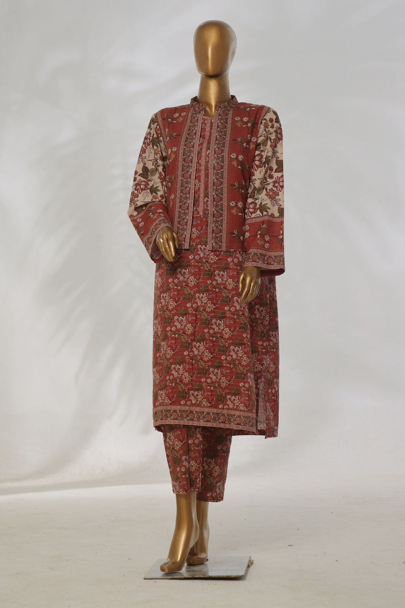 Khaddar Co-ords with coat - Stitched Printed Kurti & Trouser with Coat - Red