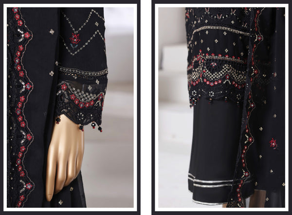 Chiffon - Stitched Formal Embroidered 3piece with Hand work - Black