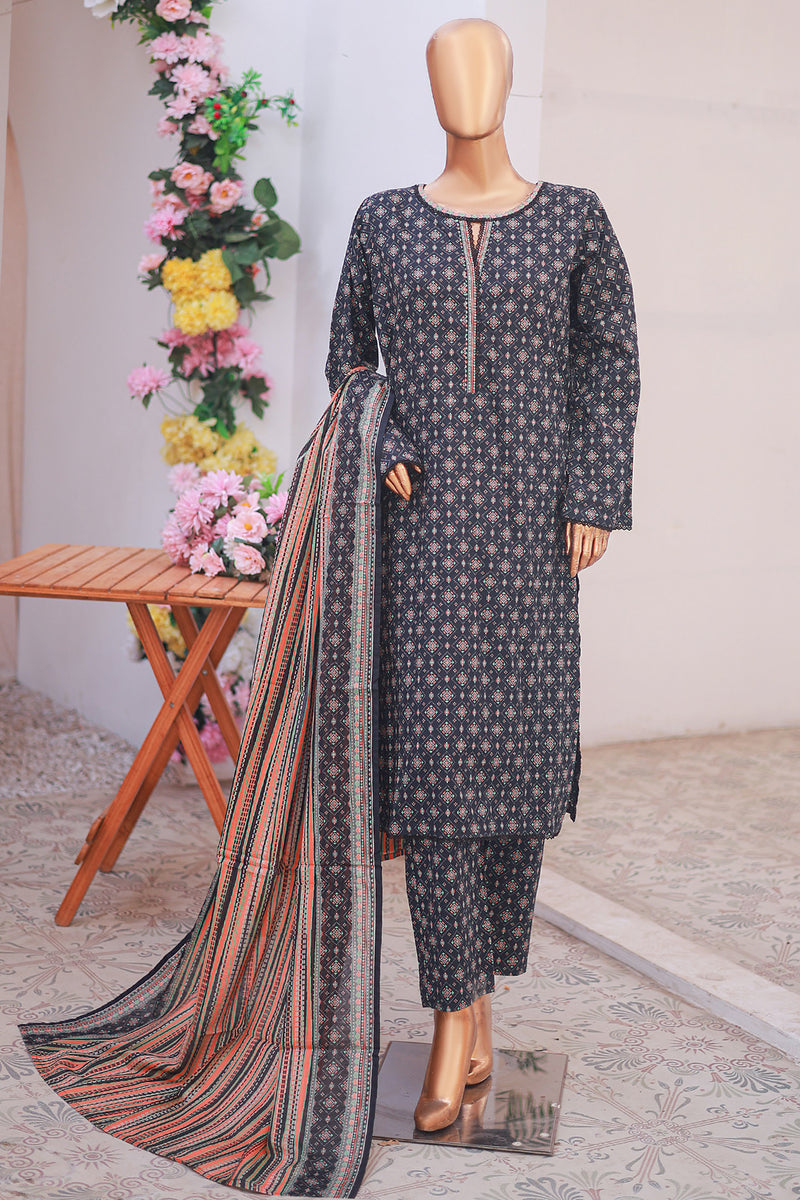 Lawn - Stitched printed 3piece with Lace work - Dark Blue