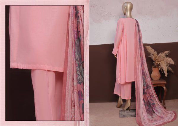 Cambric - Stitched printed 3piece with Lace work - Salmon