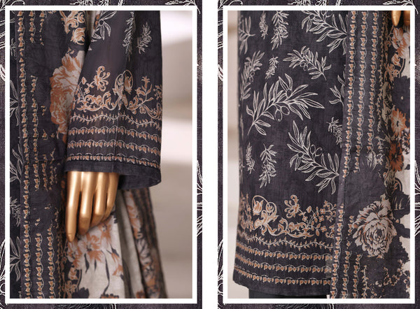 Khaddar - Stitched printed 3piece with Lace work - Black