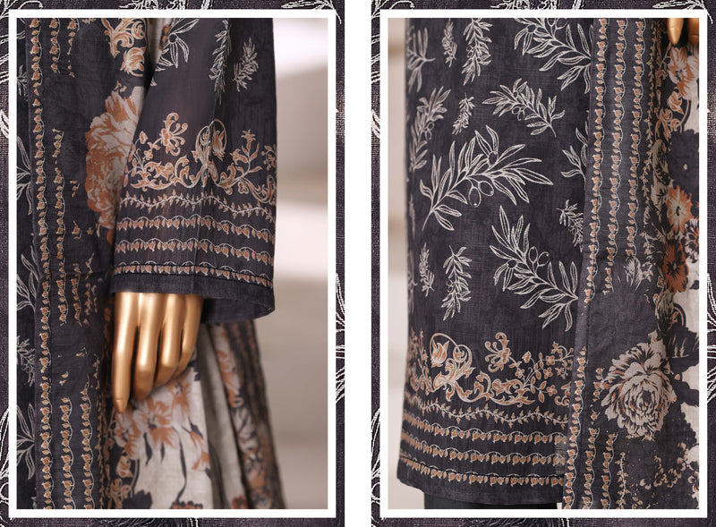 Khaddar - Stitched printed 3piece with Lace work - Black