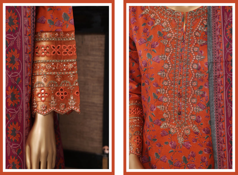 Lawn - Stitched Festive Embroidered 3piece with Plazo - Orange