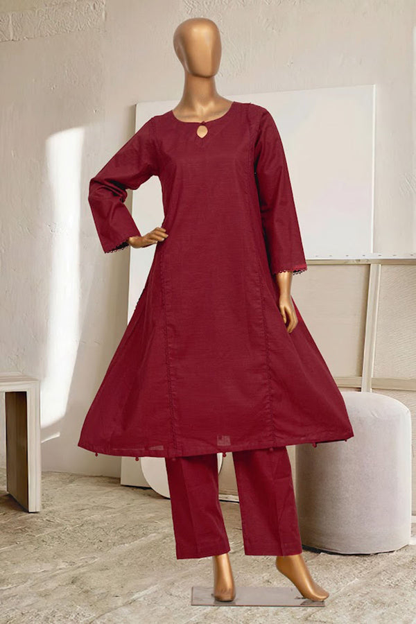 Khaddar Solid Frock Co-ords - Stitched Kurti & Trouser with Pintex & Lace work - Maroon